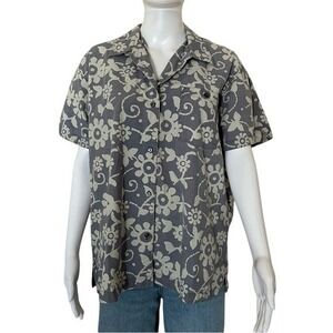 REI Gray Floral Short Sleeve Button up Boxy Fit Cotton Shirt Size XL
